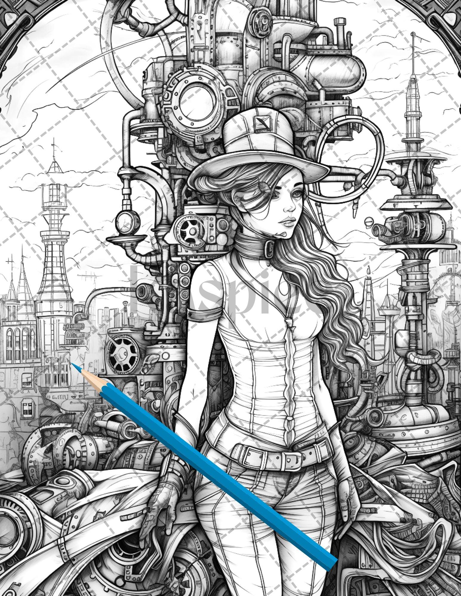 30 Steampunk Girls Coloring Pages Printable for Adults, Victorian Inspired Adult Grayscale Coloring Book, PDF File Download