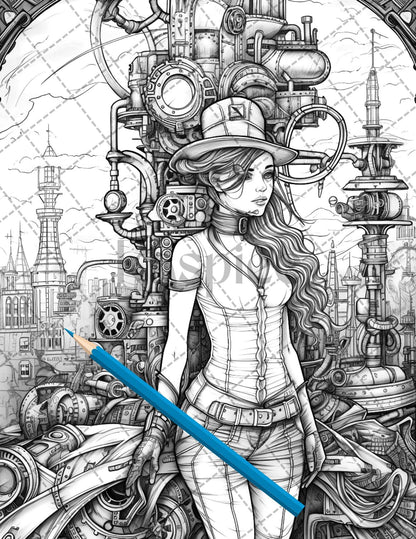 30 Steampunk Girls Coloring Pages Printable for Adults, Victorian Inspired Adult Grayscale Coloring Book, PDF File Download