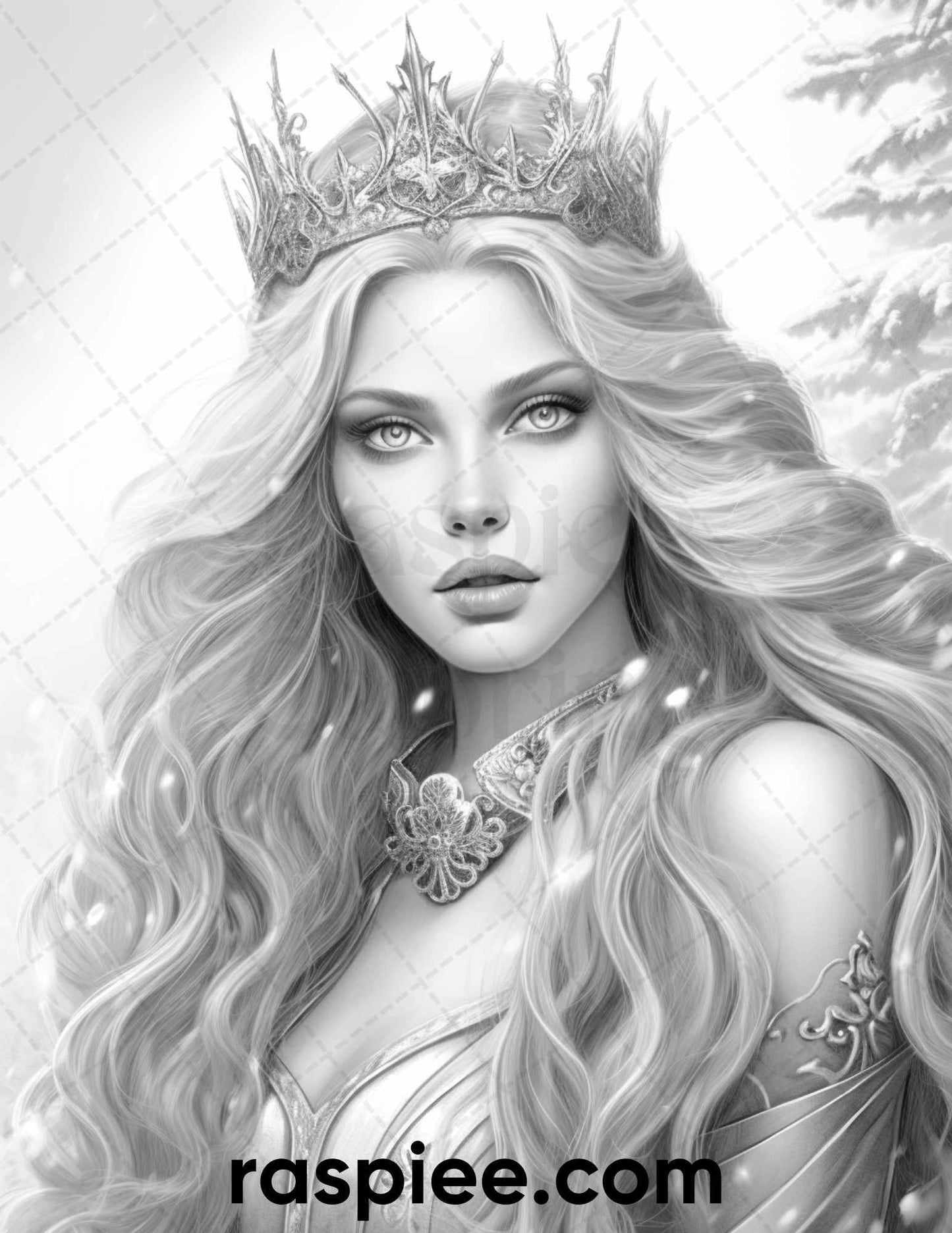 50 Winter Queens Portrait Grayscale Coloring Pages Printable for Adults, PDF File Instant Download