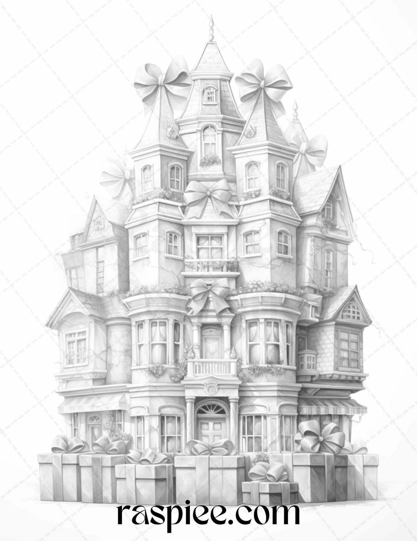 40 Adorable Gift Box Houses Grayscale Coloring Pages Printable for Adults Kids, PDF File Instant Download