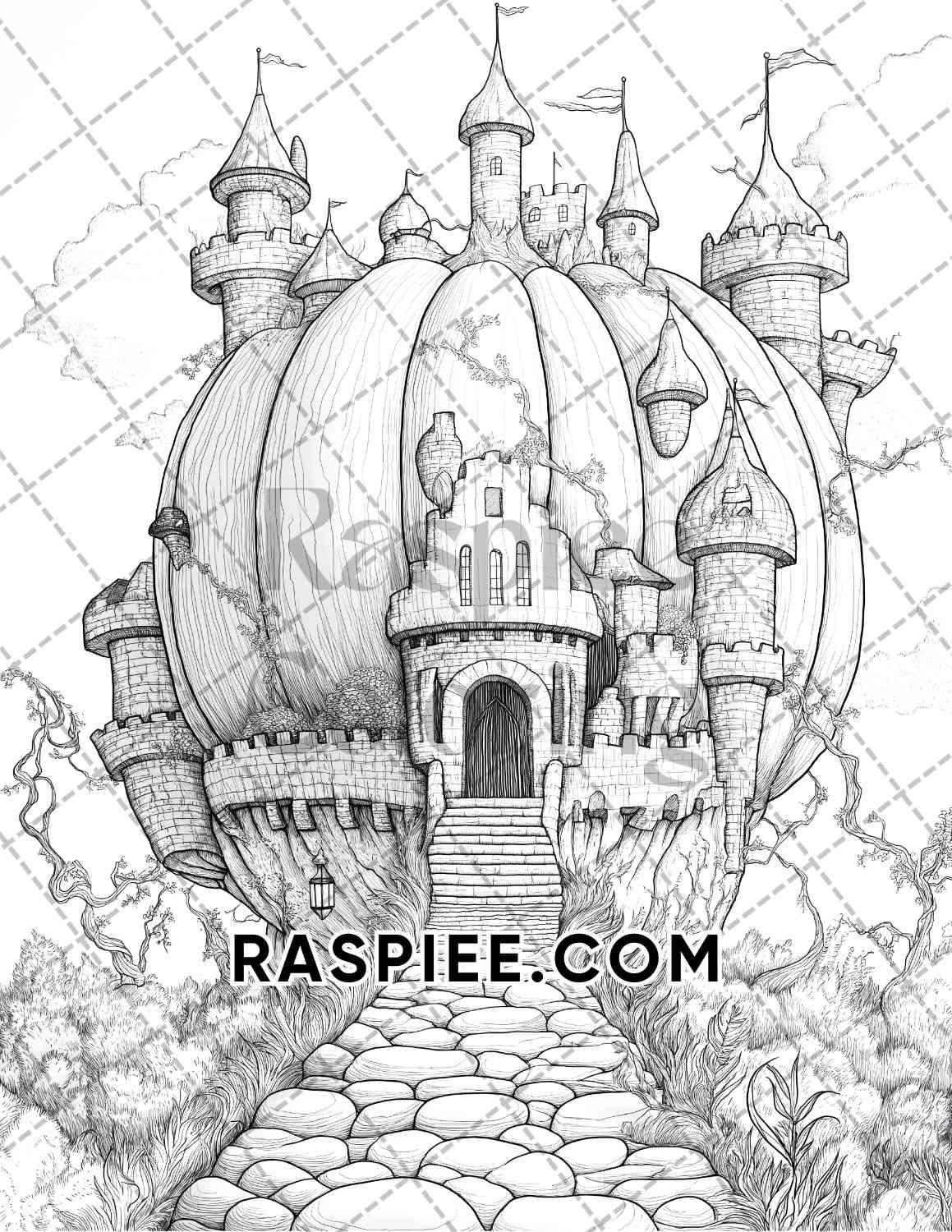 Fantasy Giant Pumpkin Castles Adult Coloring Pages Printable PDF Instant Download