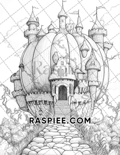 Fantasy Giant Pumpkin Castles Adult Coloring Pages Printable PDF Instant Download