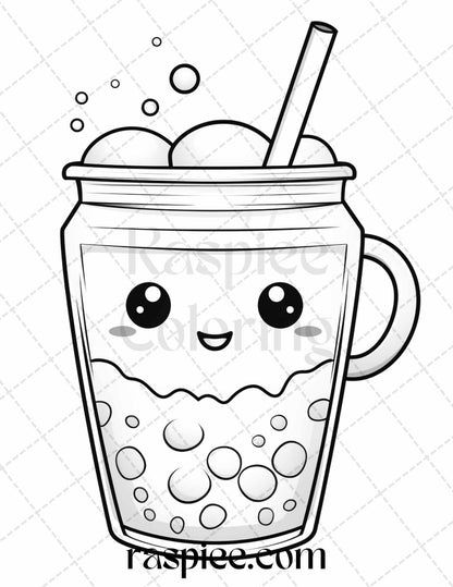 50 Cute Kawaii Boba Tea Grayscale Coloring Pages for Adults and Kids, Printable PDF File Instant Download