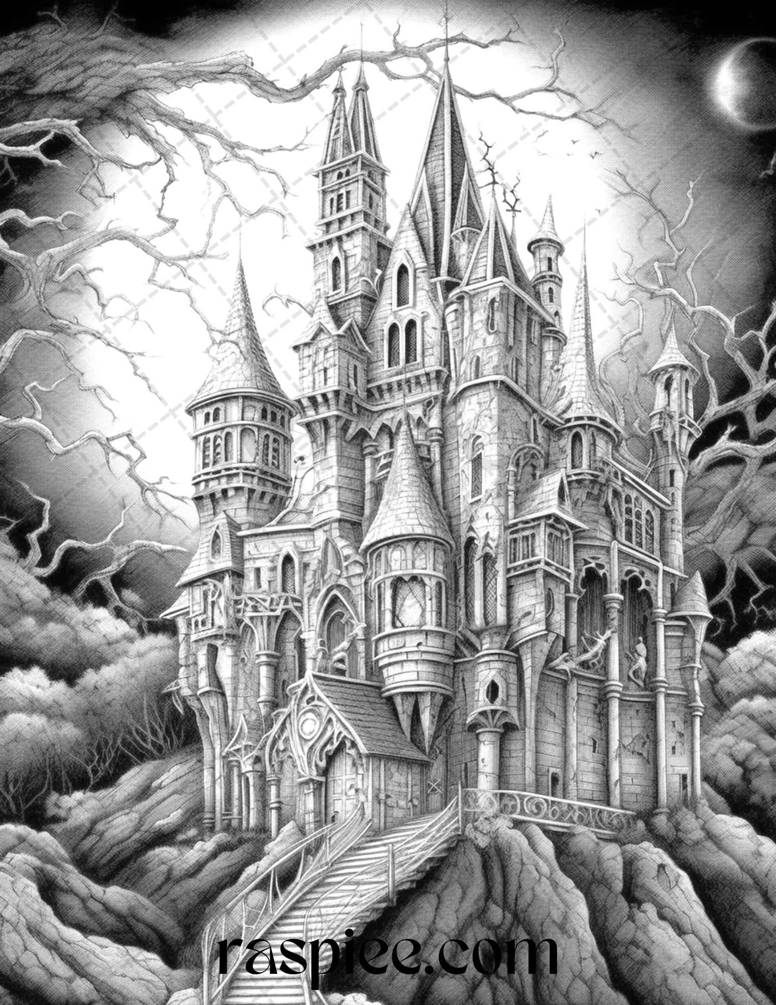 50 Haunted Castles Grayscale Coloring Pages Printable, Halloween Coloring Book, PDF File Instant Download
