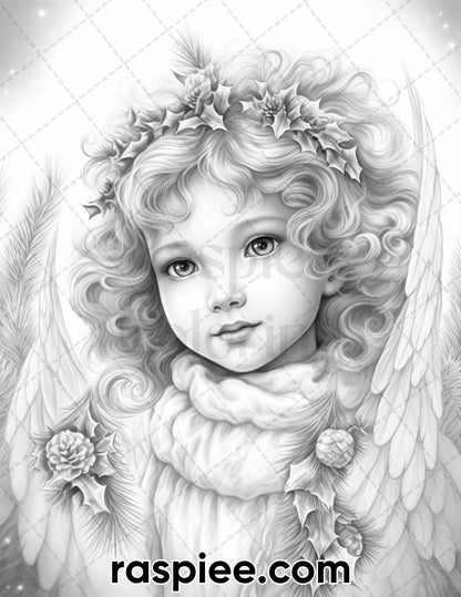 55 Christmas Angel Grayscale Coloring Pages for Adults, Printable PDF Instant Download