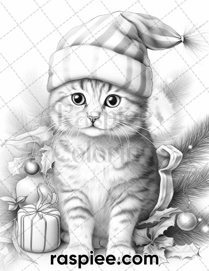 40 Christmas Cats Grayscale Coloring Pages for Adults, Printable PDF Instant Download