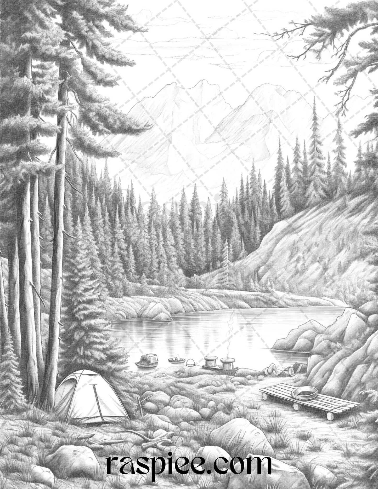 Nature Camping Grayscale Coloring Pages Printable, Relaxing Outdoor Scenes, PDF File Instant Download