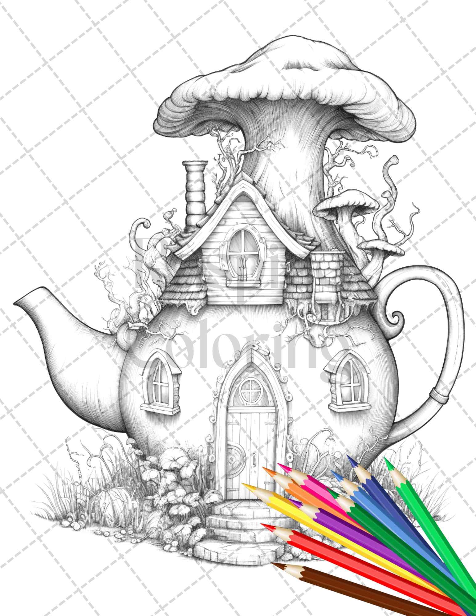 40 Teapot Fairy Houses Grayscale Coloring Pages Printable for Adults, PDF File Instant Download