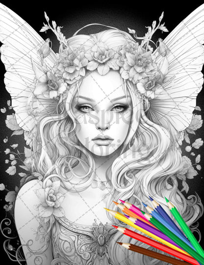 Beautiful Dark Fairy Grayscale Coloring Pages Printable for Adults, PDF File Instant Download