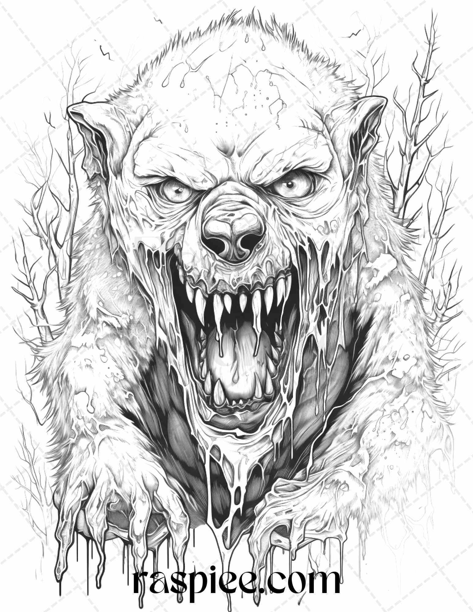 66 Horror Zombie Animals Grayscale Coloring Pages Printable for Adults, PDF File Instant Download