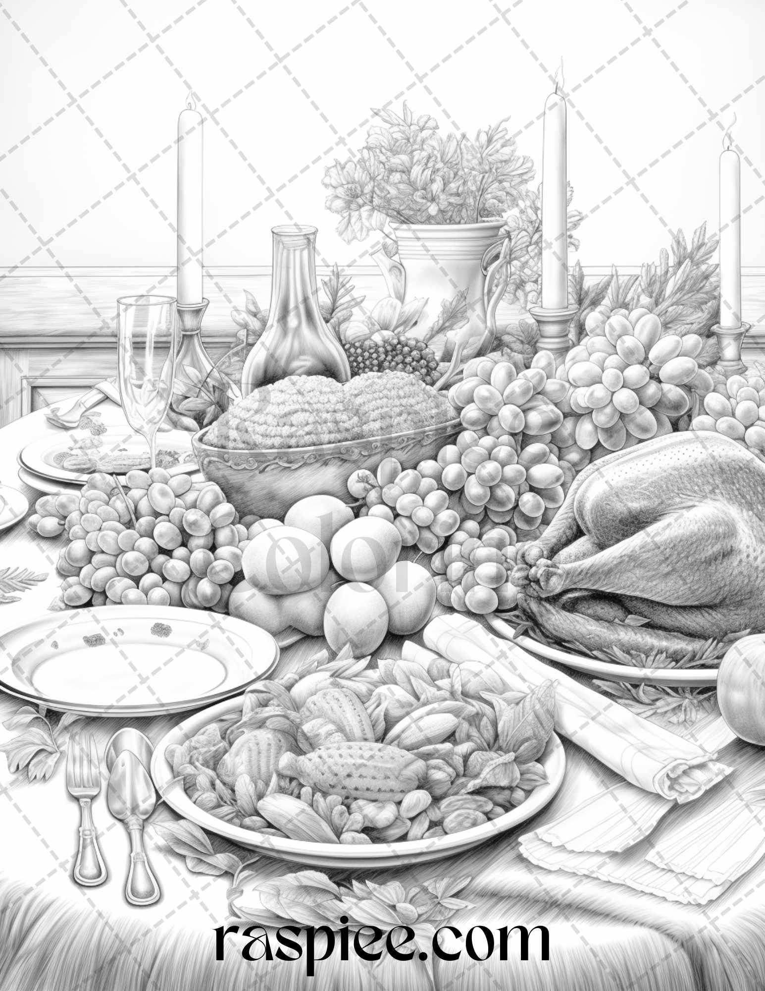 Thanksgiving Dinner Grayscale Coloring Pages for Adults, Relaxing Fall Coloring Sheets, Printable PDF File Instant Download