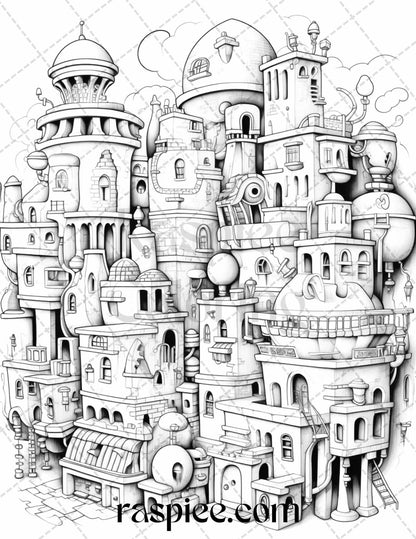 60 Enchanting Surrealism Grayscale Coloring Pages Printable for Adults, PDF File Instant Download