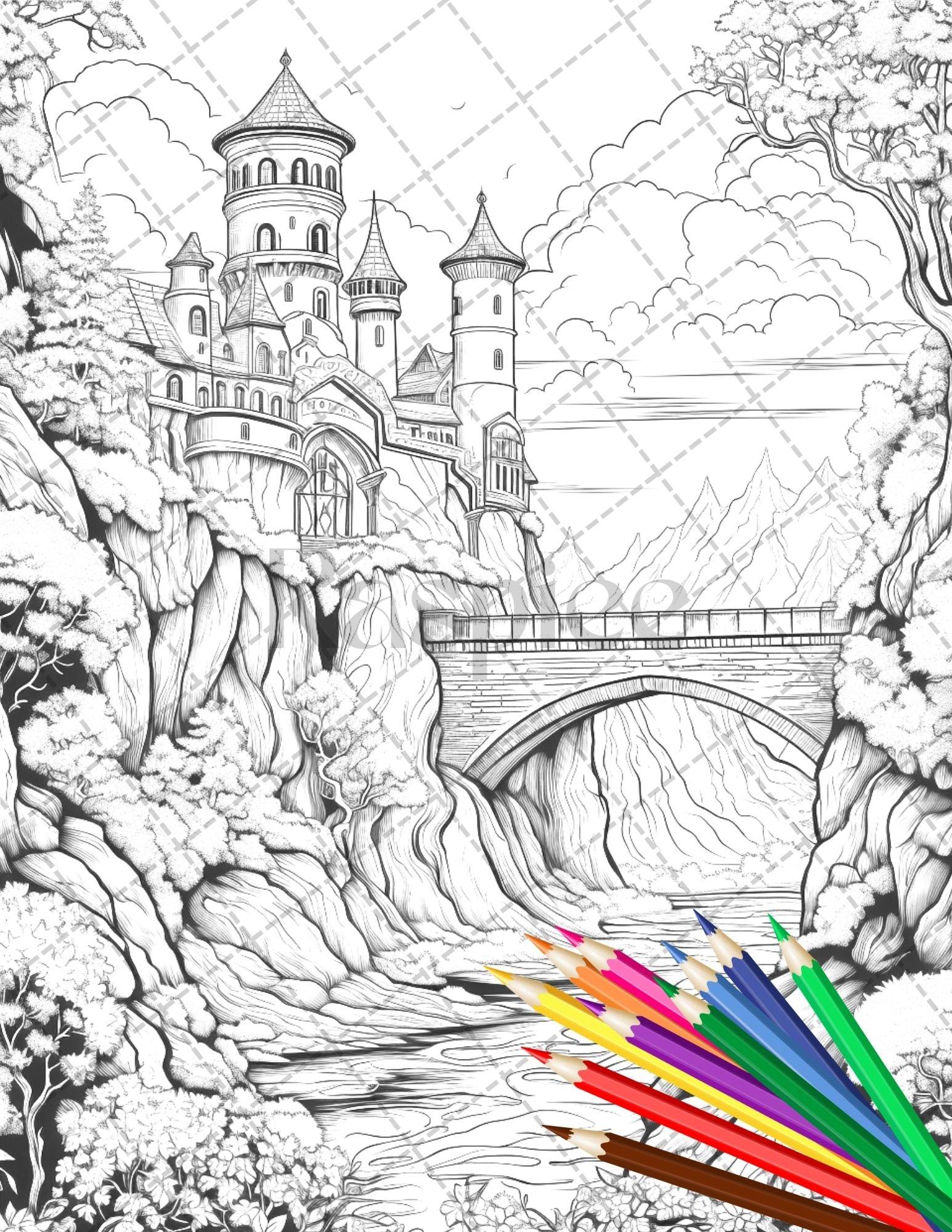 122 Fantasy Castles Coloring Book for Adults, Grayscale Coloring Page, Printable PDF Instant Download