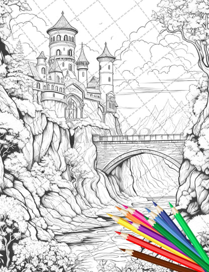 122 Fantasy Castles Coloring Book for Adults, Grayscale Coloring Page, Printable PDF Instant Download