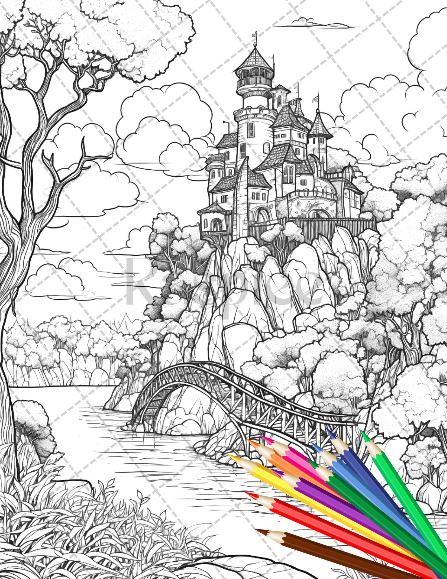 122 Fantasy Castles Coloring Book for Adults, Grayscale Coloring Page, Printable PDF Instant Download
