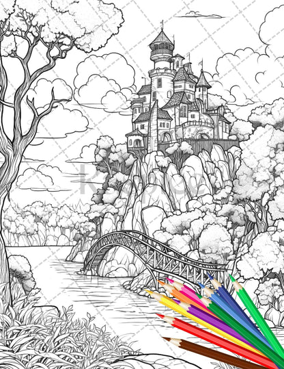 122 Fantasy Castles Coloring Book for Adults, Grayscale Coloring Page, Printable PDF Instant Download