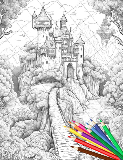 122 Fantasy Castles Coloring Book for Adults, Grayscale Coloring Page, Printable PDF Instant Download