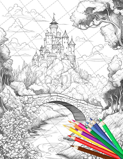 122 Fantasy Castles Coloring Book for Adults, Grayscale Coloring Page, Printable PDF Instant Download