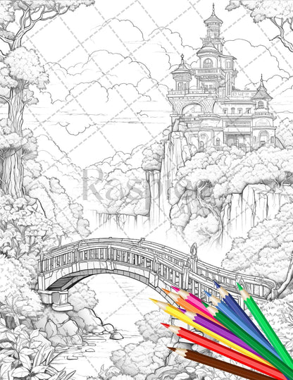 122 Fantasy Castles Coloring Book for Adults, Grayscale Coloring Page, Printable PDF Instant Download