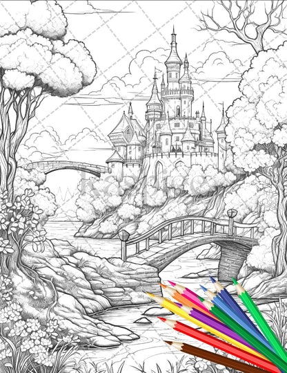 122 Fantasy Castles Coloring Book for Adults, Grayscale Coloring Page, Printable PDF Instant Download