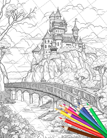122 Fantasy Castles Coloring Book for Adults, Grayscale Coloring Page, Printable PDF Instant Download