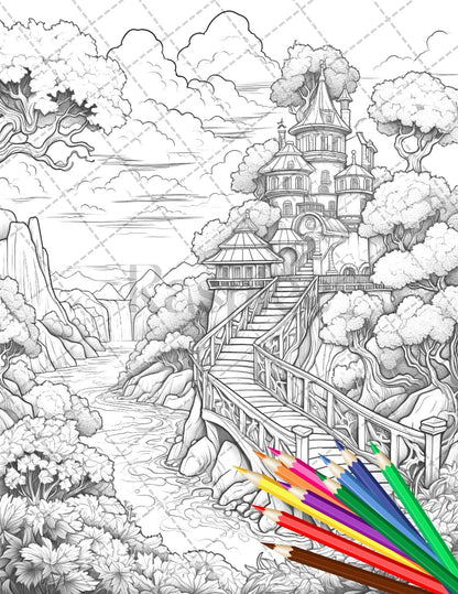 122 Fantasy Castles Coloring Book for Adults, Grayscale Coloring Page, Printable PDF Instant Download