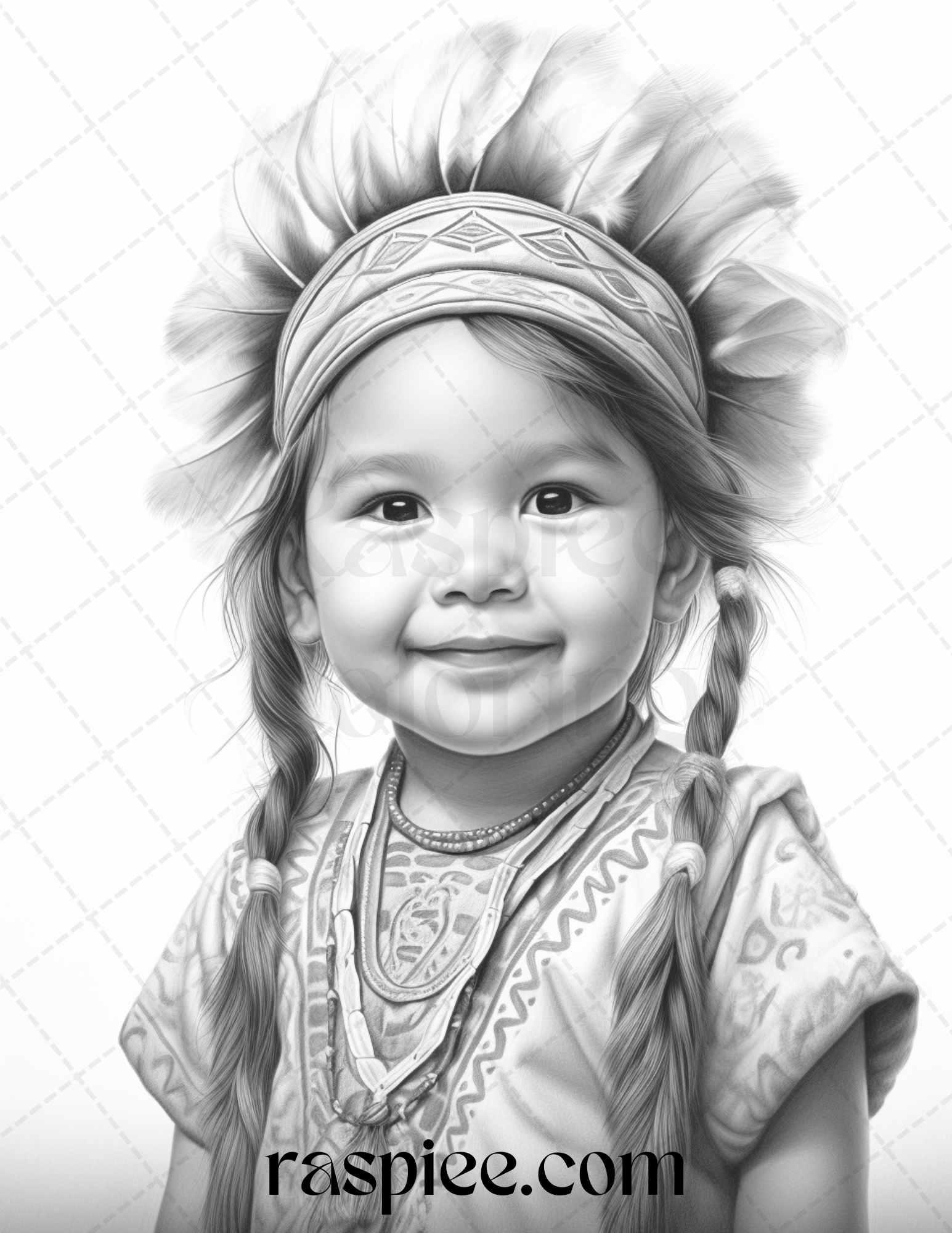 50 Native American Little Girls Boys Grayscale Coloring Pages Printable for Adults Kids, PDF File Instant Download