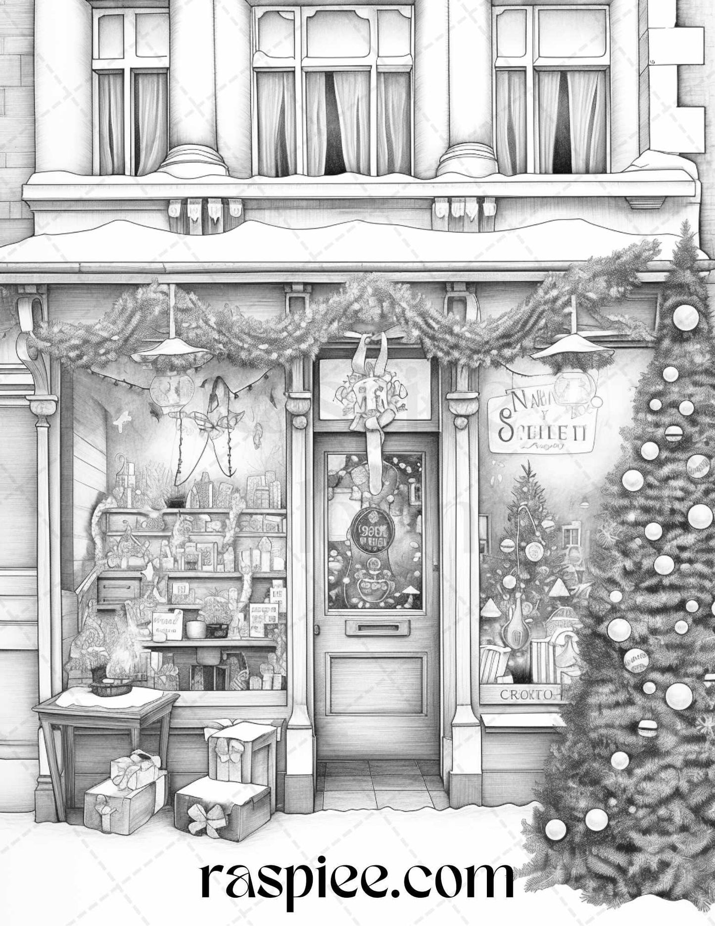 Christmas Store Front Grayscale Coloring Pages for Adults, PDF Printable Instant Download