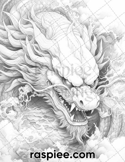 60 Mythical Creatures Grayscale Coloring Pages for Adults, Printable PDF Instant Download