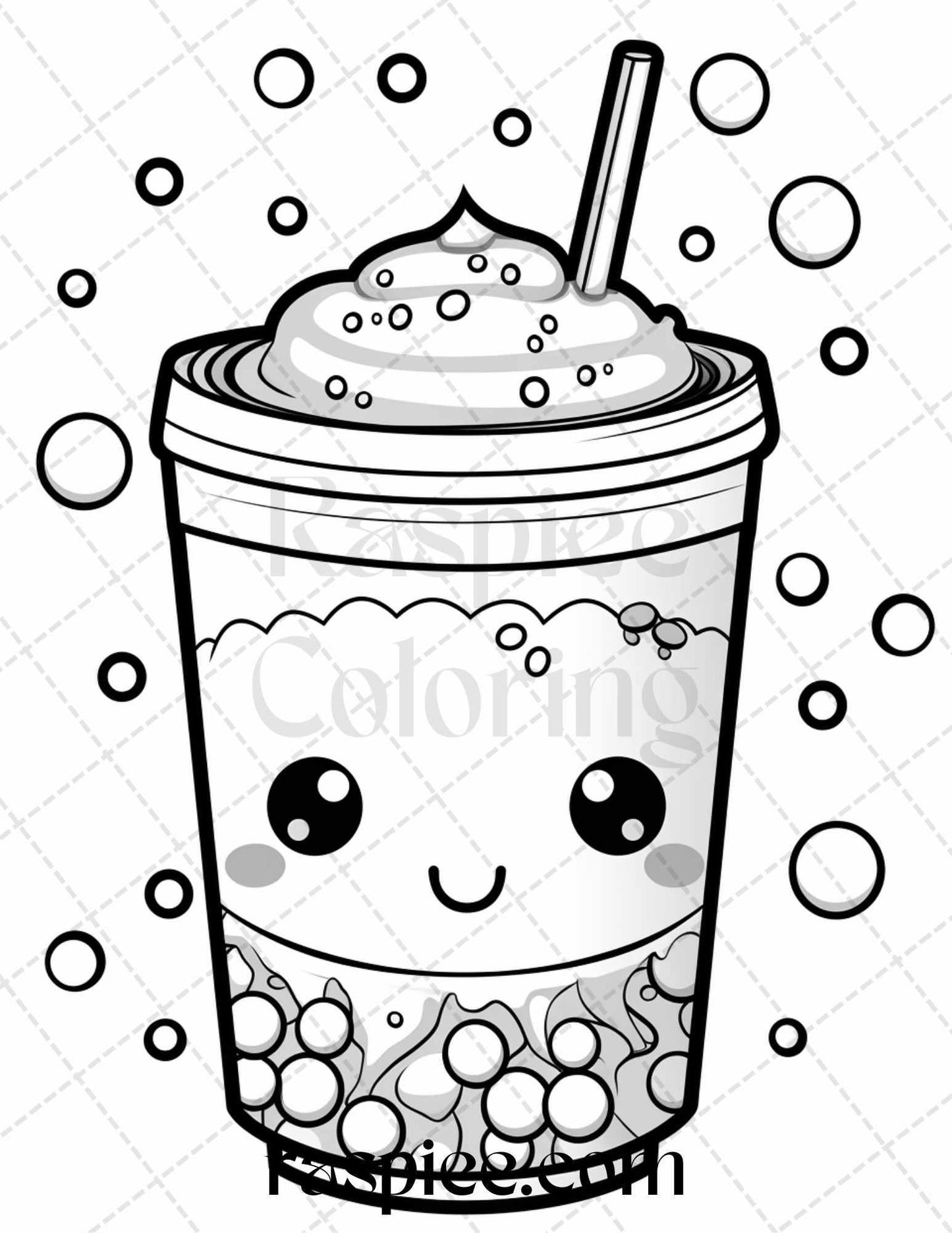 50 Cute Kawaii Boba Tea Grayscale Coloring Pages for Adults and Kids, Printable PDF File Instant Download