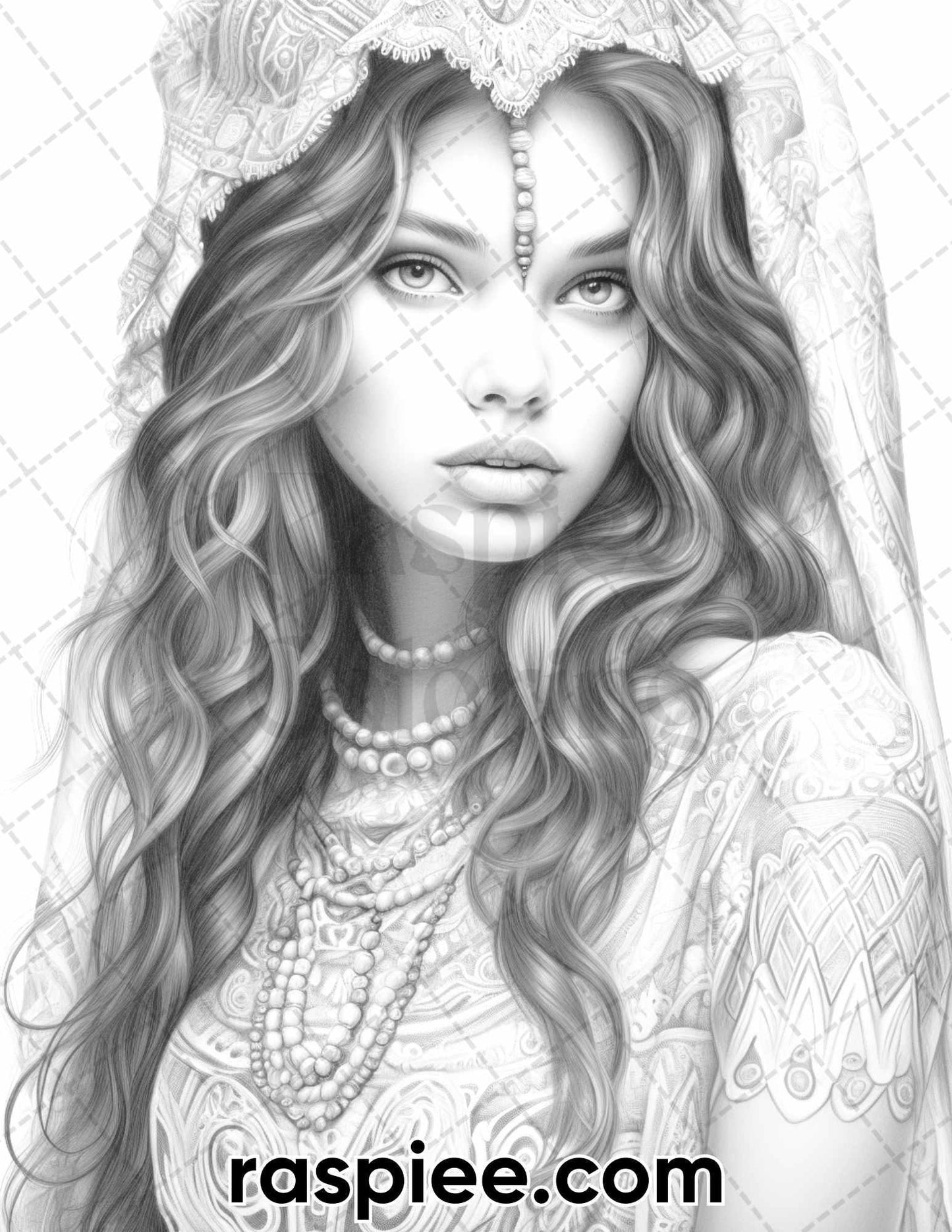 60 Bohemian Beauties Grayscale Coloring Pages for Adults, Printable PDF Instant Download