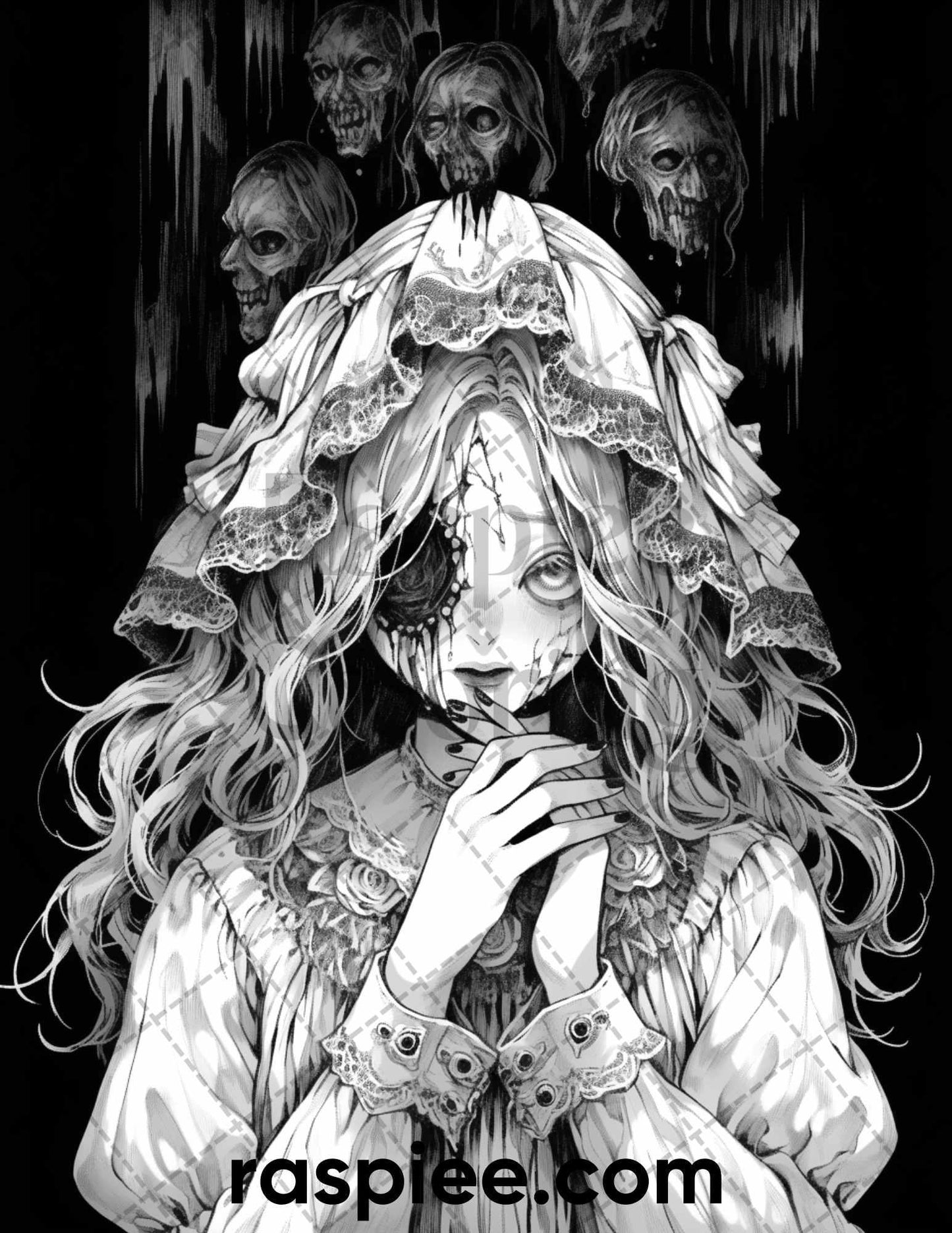 60 Horror Beauties Grayscale Coloring Pages Printable for Adults, PDF File Instant Download