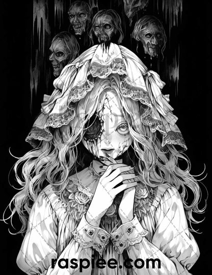 60 Horror Beauties Grayscale Coloring Pages Printable for Adults, PDF File Instant Download