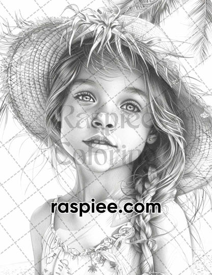 65 Summer Little Girls Portrait Grayscale Adult Coloring Pages Printable PDF Instant Download