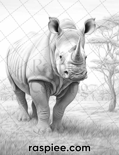 55 Wild Animals Grayscale Coloring Pages for Adults, Printable PDF Instant Download