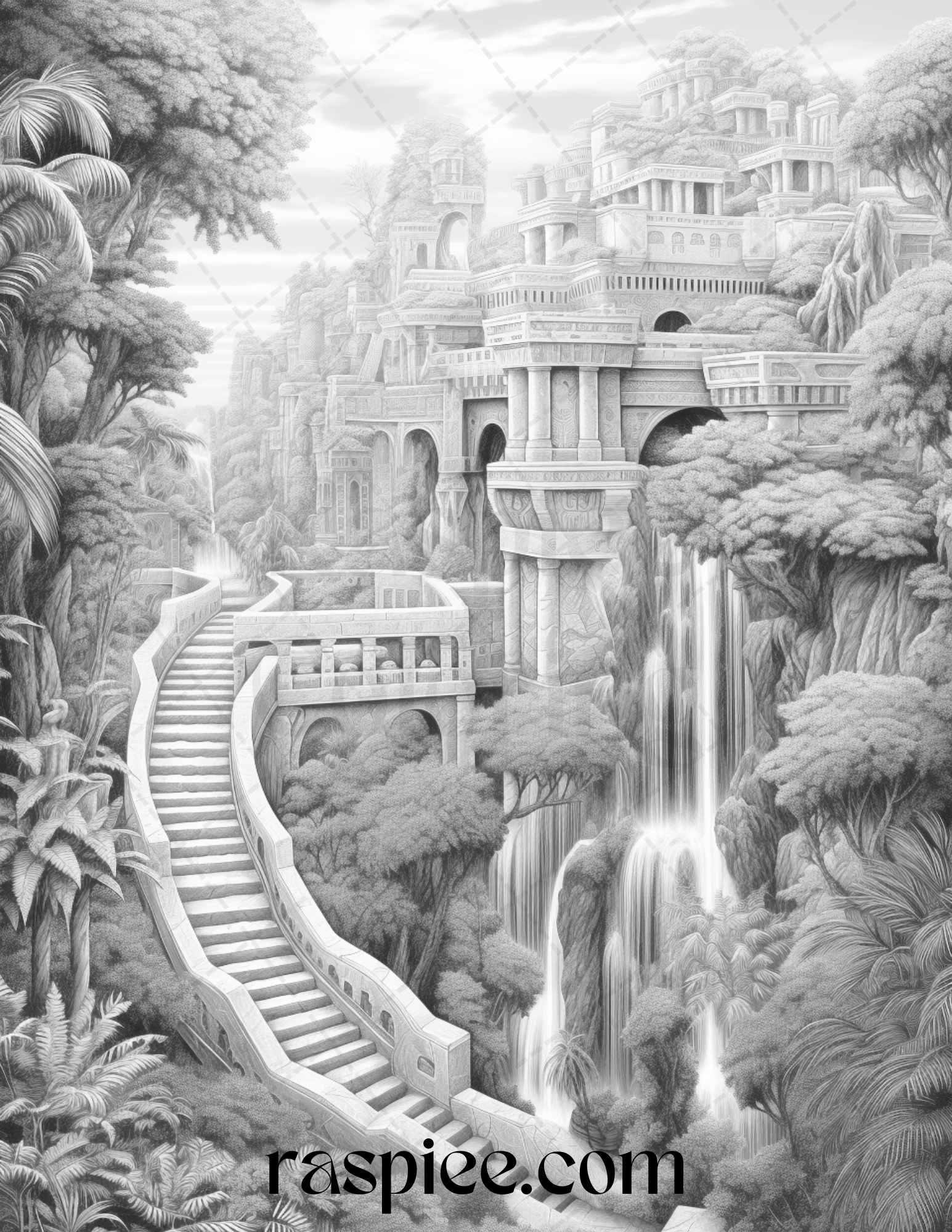 Hanging Gardens of Babylon Grayscale Coloring Pages Printable, PDF File Instant Download