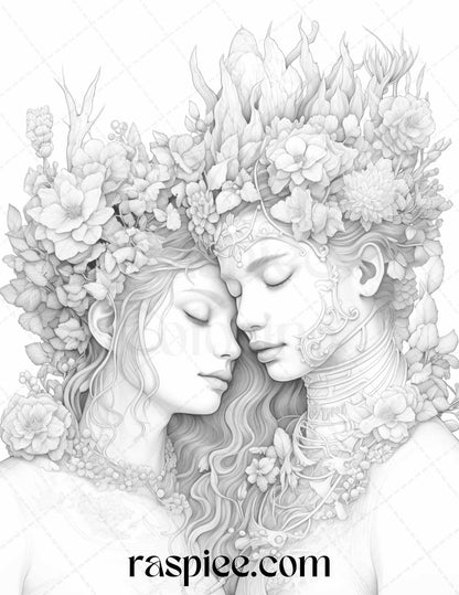 50 Romantic Couple Flowers Grayscale Coloring Pages Printable for Adults, PDF File Instant Download