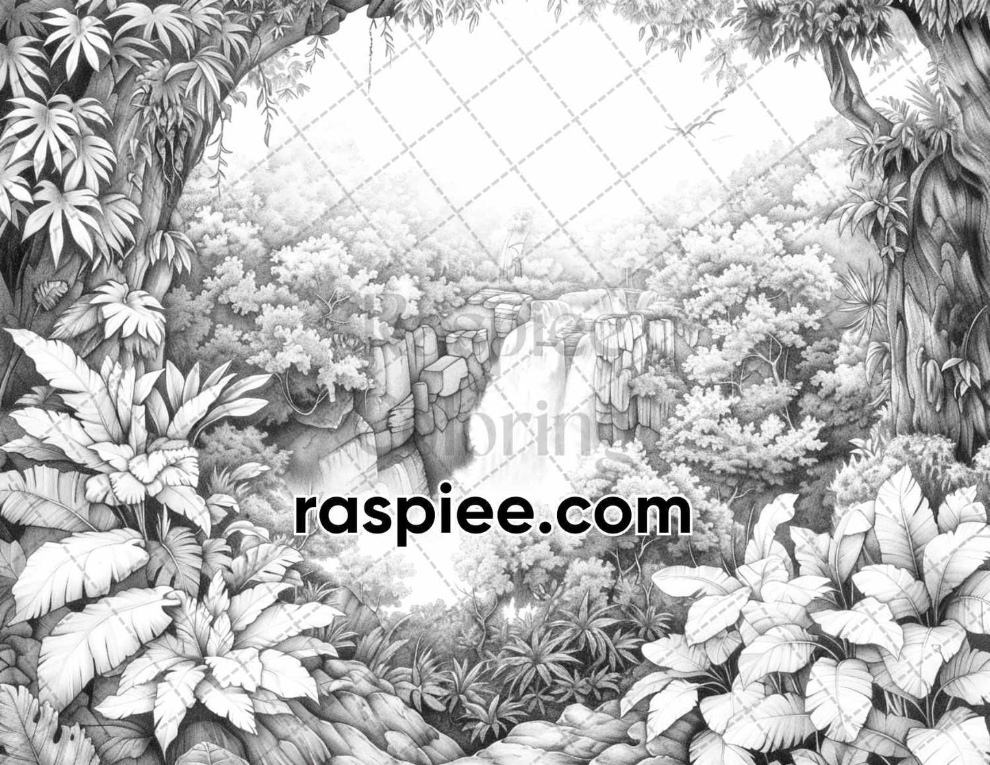 65 Rainforest Waterfall Grayscale Adult Coloring Pages, Printable PDF Instant Download