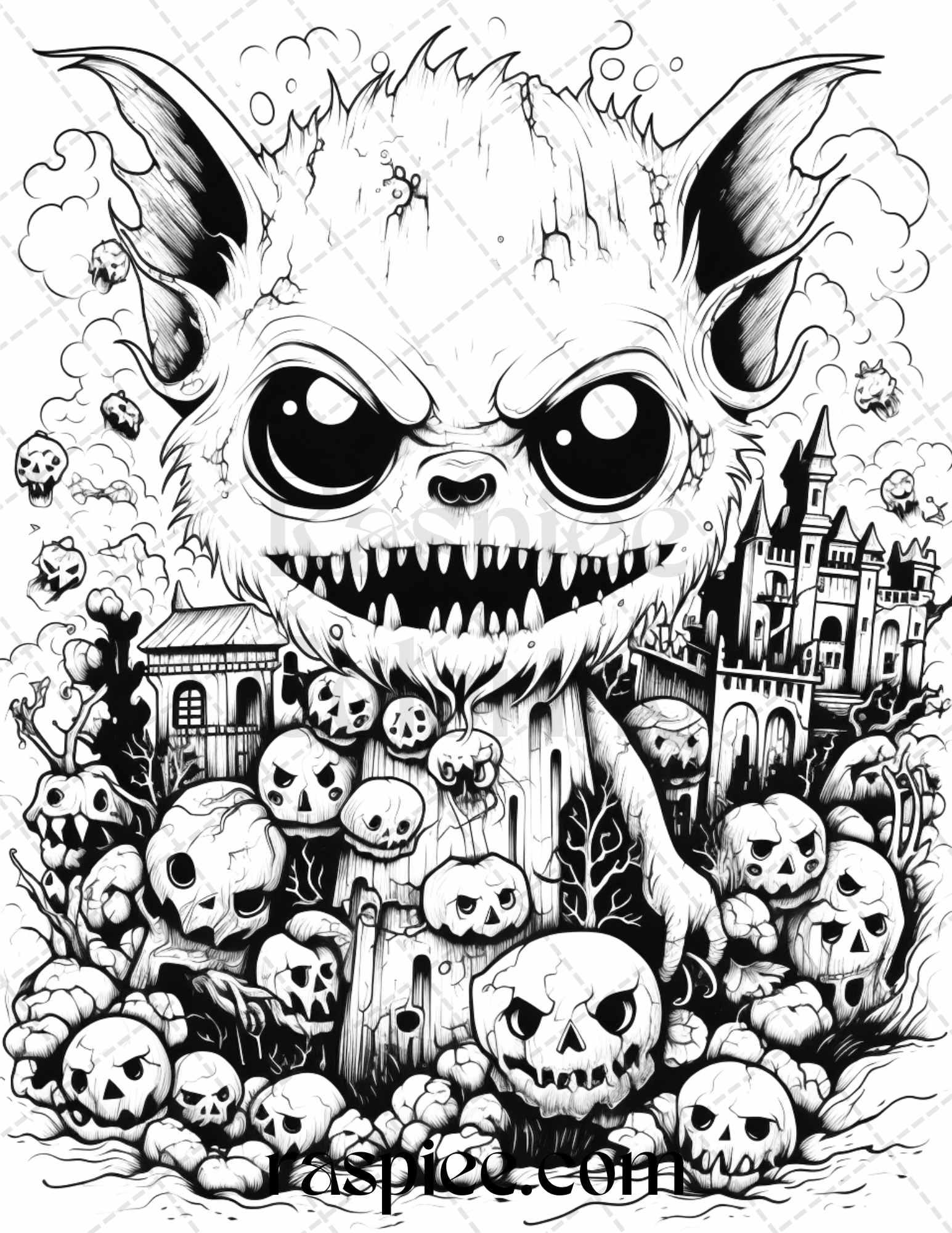 50 Halloween Scary Animals Grayscale Coloring Pages Printable for Adults, PDF File Instant Download