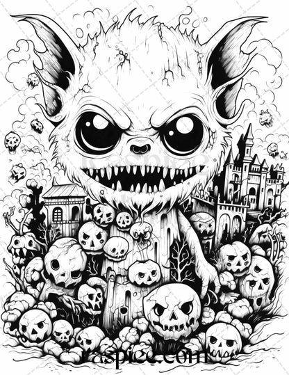 50 Halloween Scary Animals Grayscale Coloring Pages Printable for Adults, PDF File Instant Download