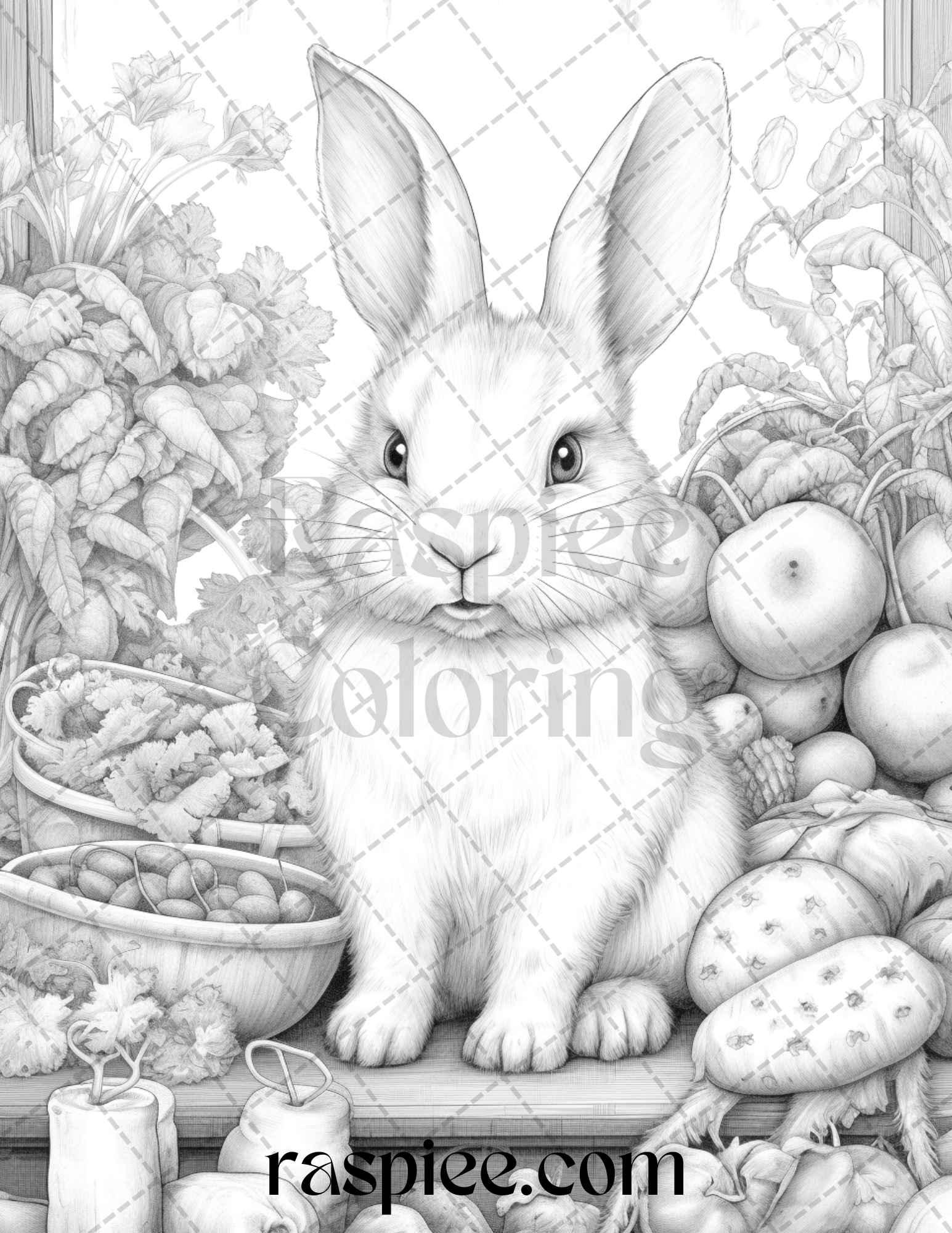 50 Rabbit Garden Grayscale Coloring Pages Printable for Adults, PDF File Instant Download
