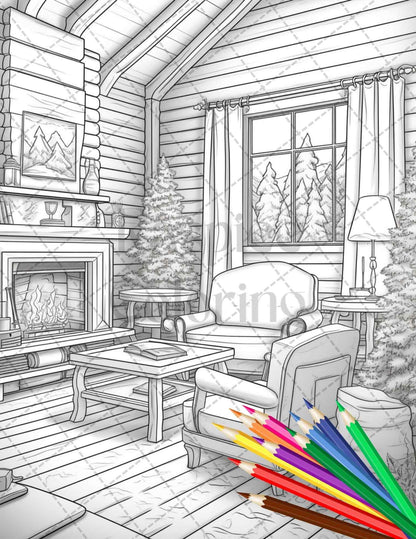 Cozy Cabin Interior Grayscale Coloring Pages Printable for Adults, PDF File Instant Download