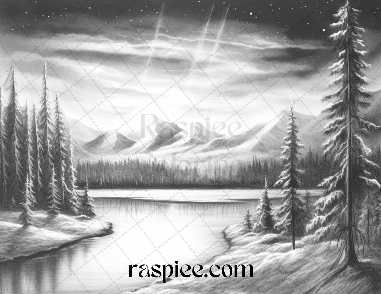 Aurora Borealis Landscape Grayscale Coloring Pages for Adults, Printable PDF File Instant Download