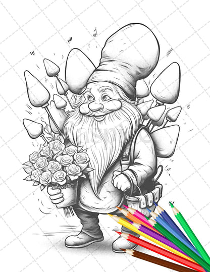 33 Gnome Love Coloring Pages Printable for Adults, Grayscale Coloring Page, PDF File Instant Download