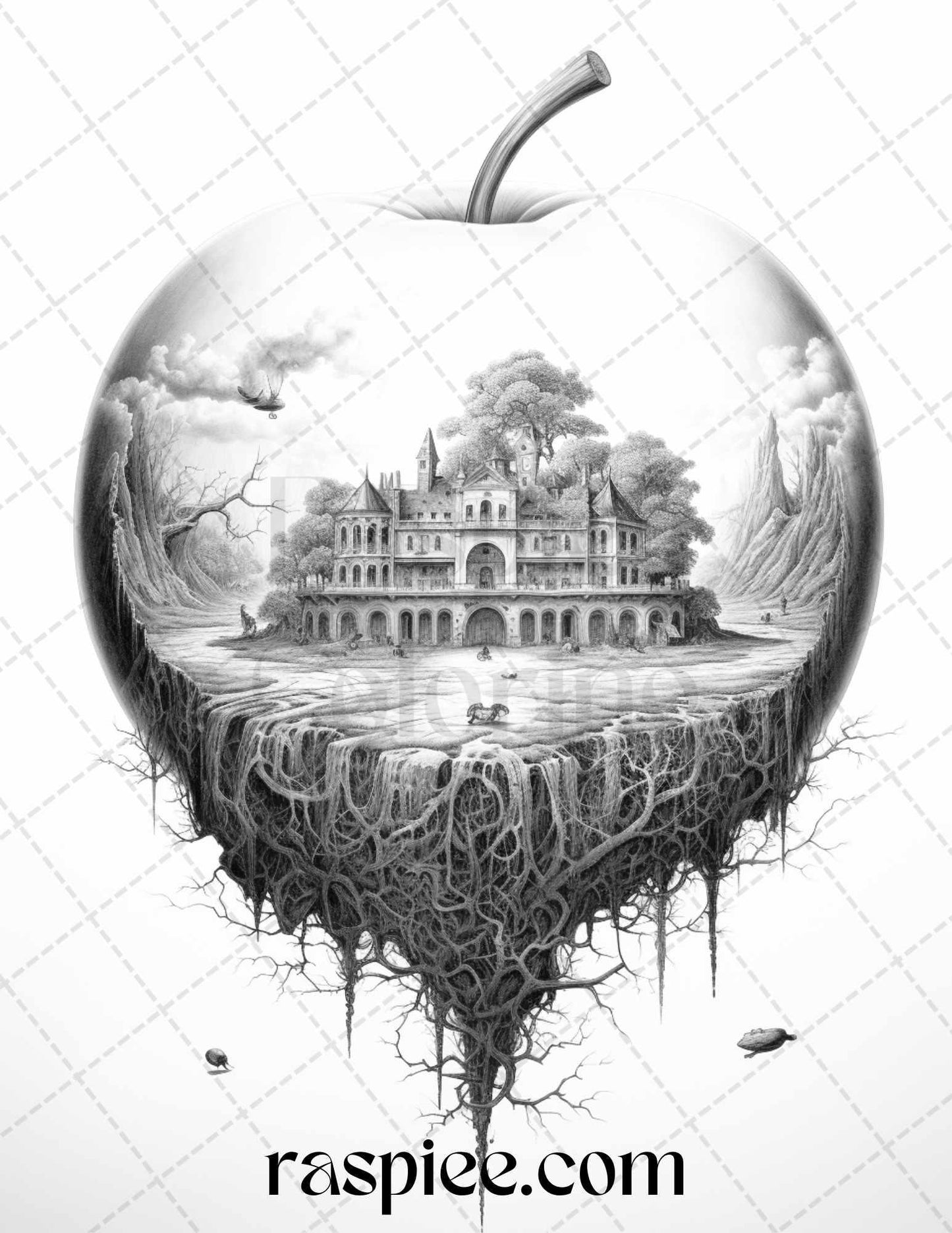 60 Miniworld in the Apple Grayscale Coloring Pages Printable for Adults, PDF File Instant Download