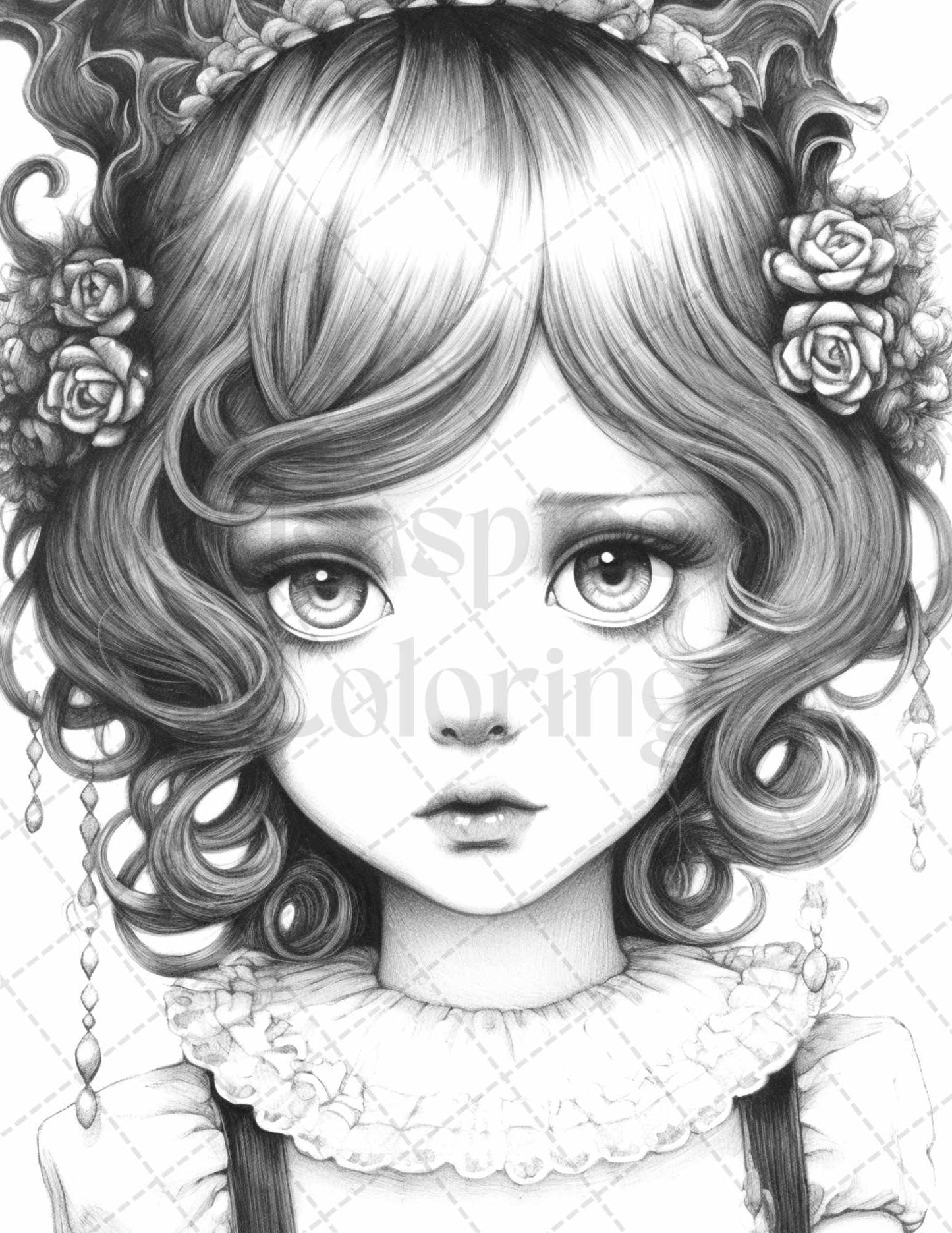 60 Adorable Gothic Girls Grayscale Coloring Pages Printable for Adults, PDF File Instant Download