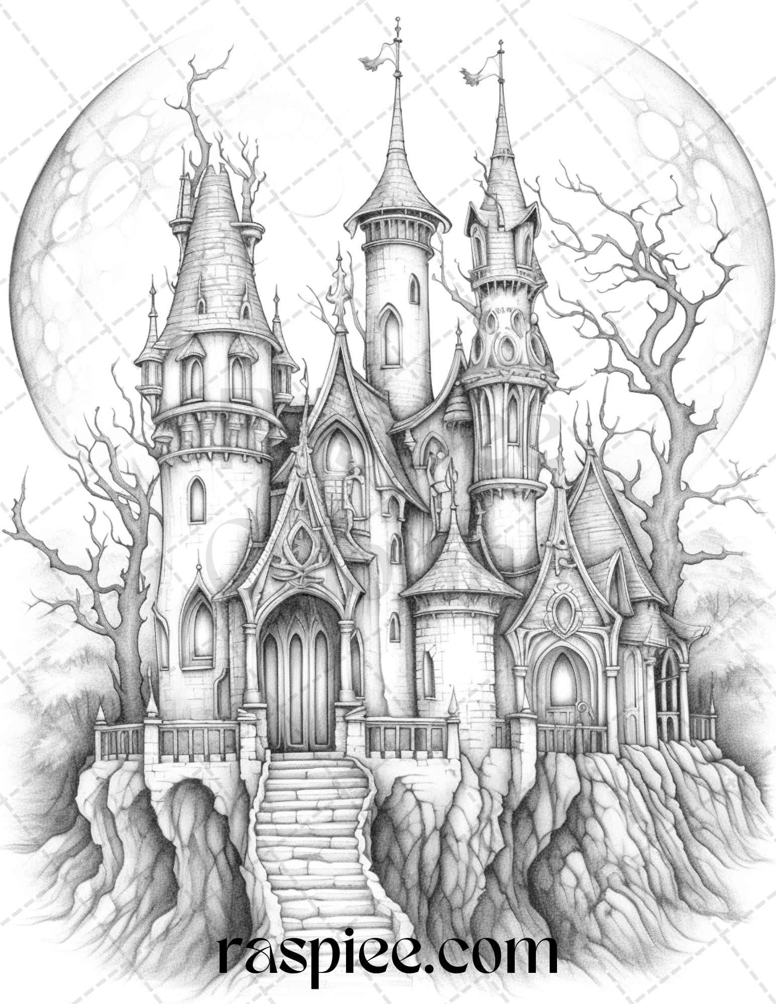 50 Haunted Castles Grayscale Coloring Pages Printable, Halloween Coloring Book, PDF File Instant Download