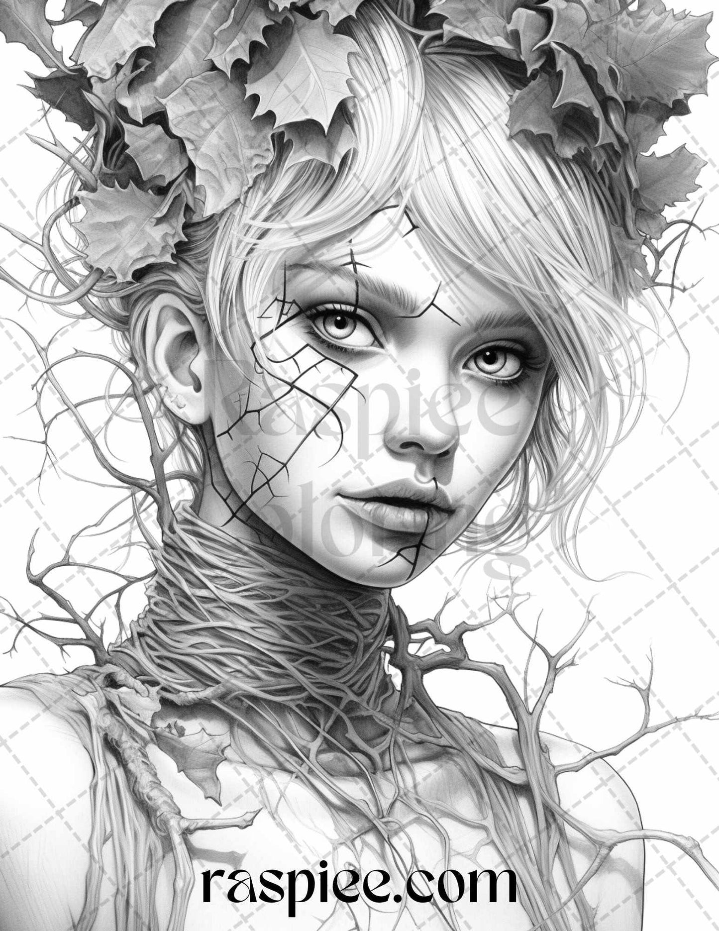 60 Halloween Zombie Fairy Grayscale Coloring Pages Printable for Adults, PDF File Instant Download