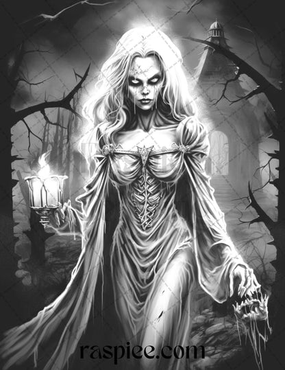 60 Halloween Vampire Grayscale Coloring Pages Printable for Adults, PDF File Instant Download