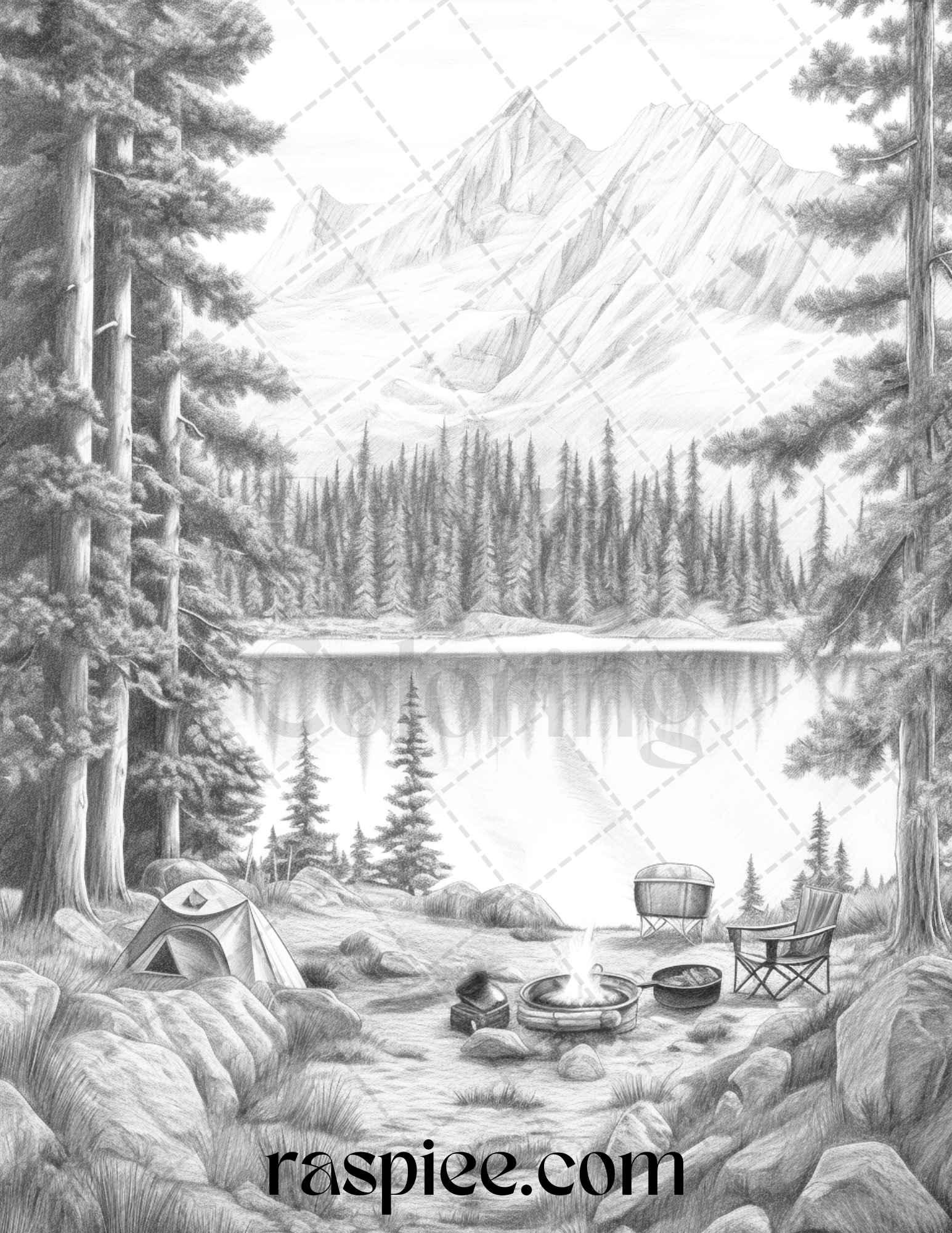 Nature Camping Grayscale Coloring Pages Printable, Relaxing Outdoor Scenes, PDF File Instant Download